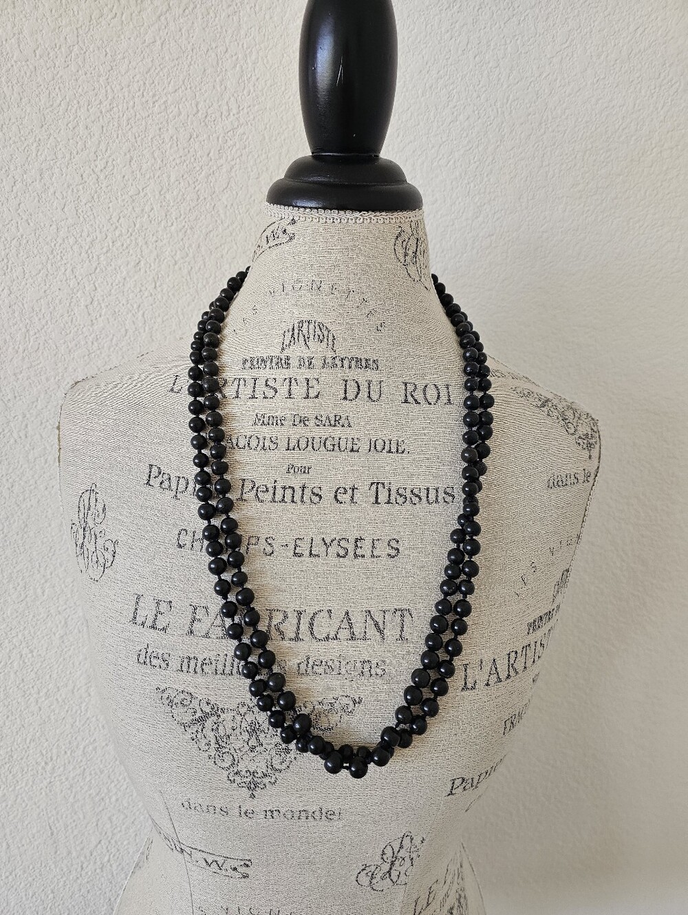 Vintage Ultra Long Black Granite Stone Knotted Rope Necklace Flapper Endless - Picture 2 of 6